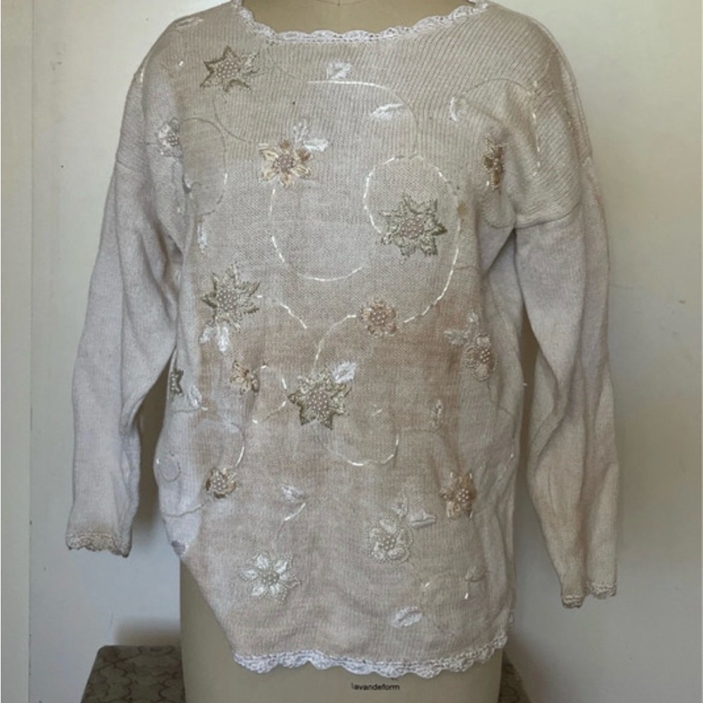 Beige Embroidered Women's Sweater - Cozy Floral Knit